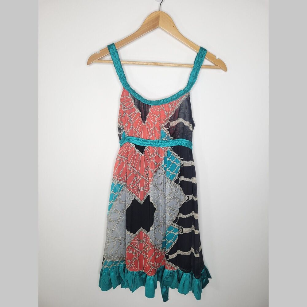 Vintage KATIA Color Block Chain Link Print Mini Dress Sz S Empire Waist Tie Back
